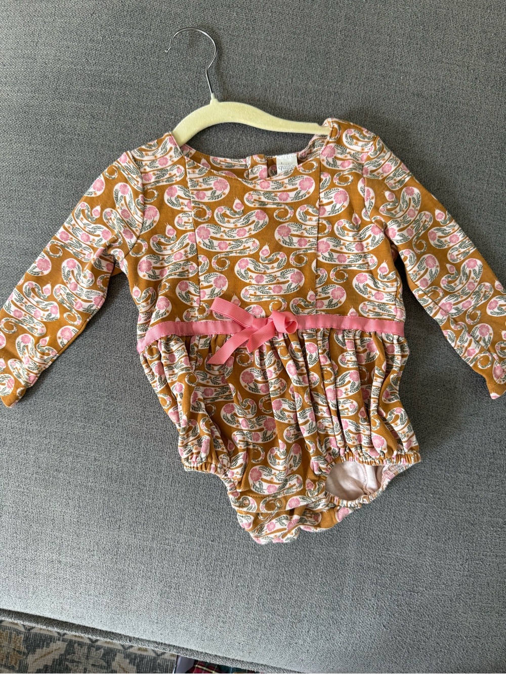 kate quinn Mustard Paisley Long-Sleeve One-Piece with Pink Bow